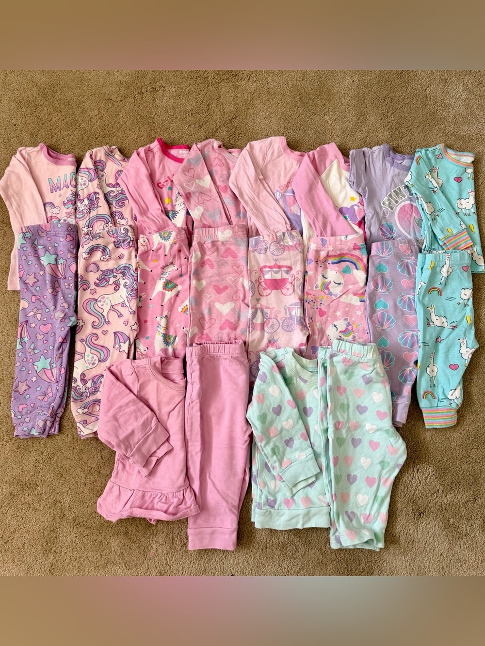 10 Pairs The Children's Place Girls Pink and Mint Heart & Unicorn Pajama Bundle
